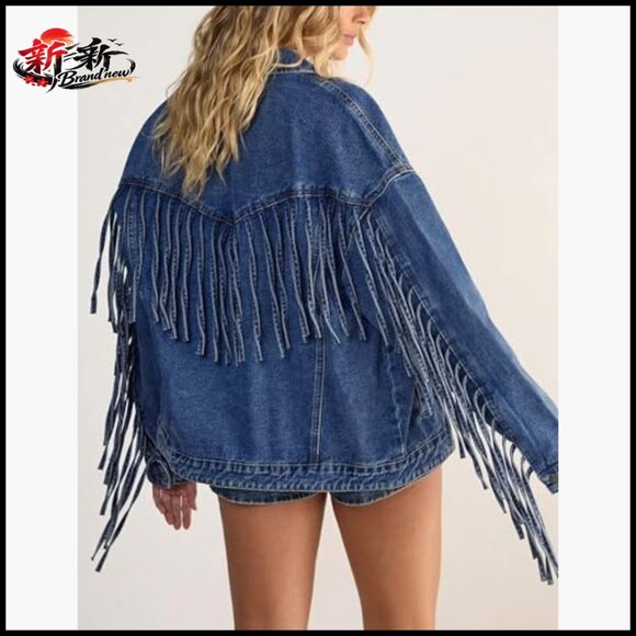 Oversized Denim Jacket with Fringe Detailing, Button Down, Drop Shoulder - Picture 2 of 7